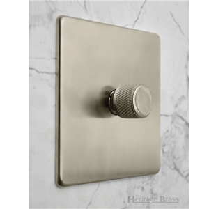 1 gang dimmer with plate in Satin Chrome finish and knurled dimmer knob in Polished Chrome finish