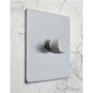 1 gang dimmer with plate in Polished Chrome finish and knurled dimmer knob in Polished Chrome finish.